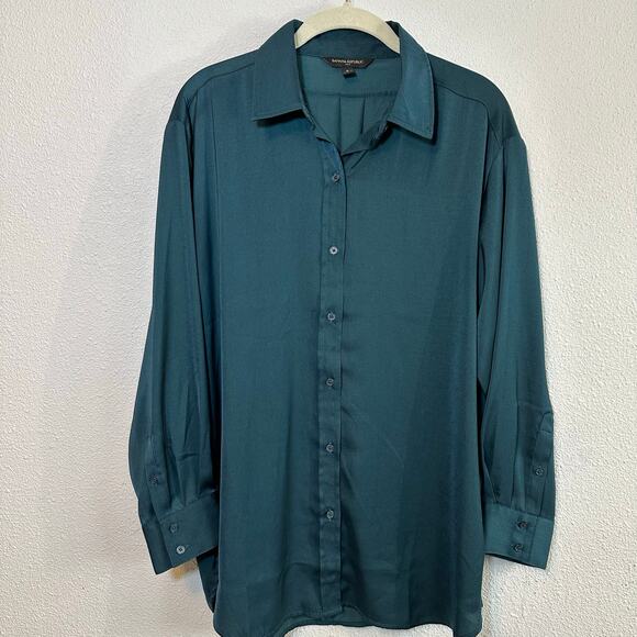 Banana Republic Teal Portofino Satin-like Button Down Shirt, Size S - Picture 2 of 9
